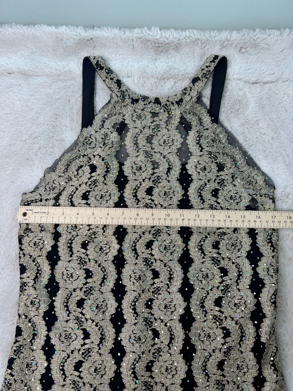 Joseph Ribkoff Black Gold Sparkle Lace Halter Bodycon Dress Size 12 Mini Vintage - Picture 14 of 16
